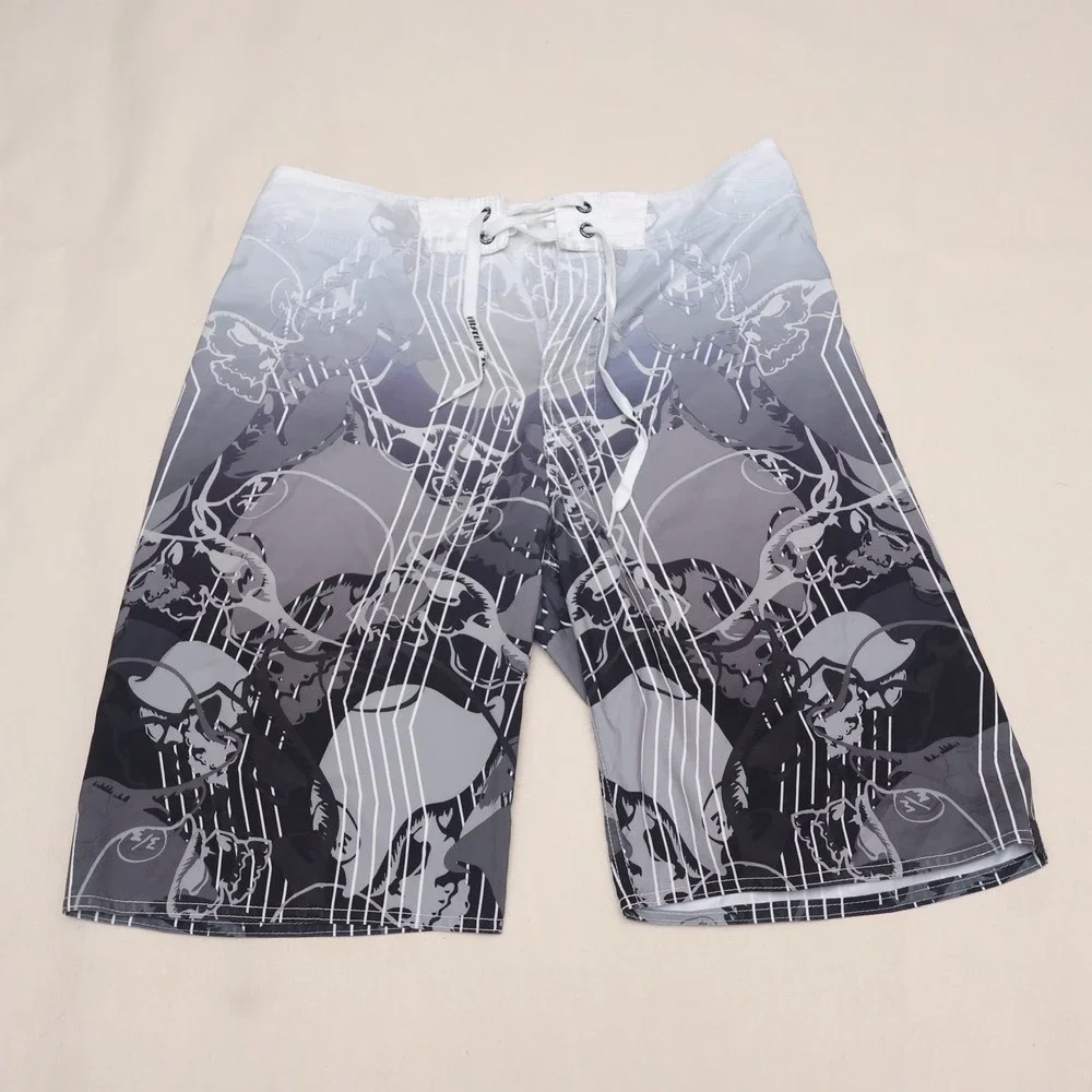 Metal Mulisha Board Shorts Mens 29 Skull Graphic Gray Black Y2K Motocross